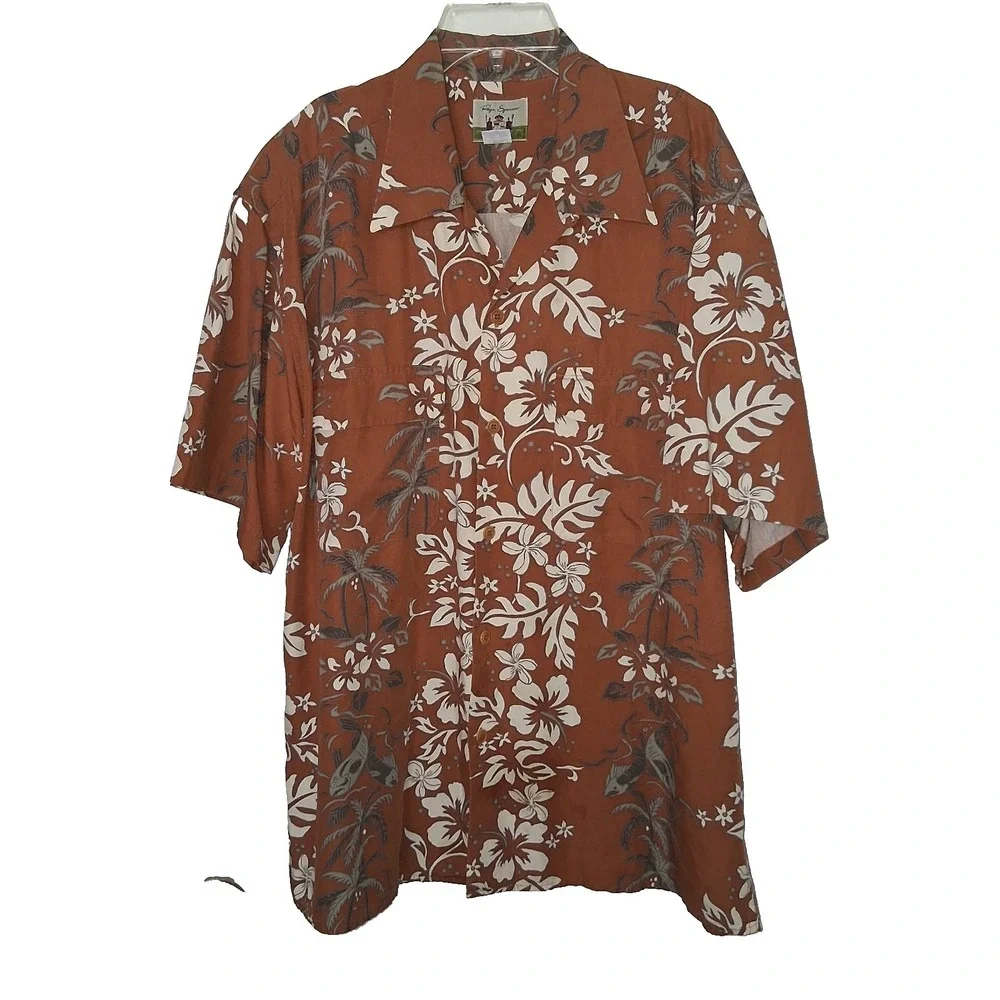 Reyn Spooner Linen Blend Shirt Men's Large Chest Flap Pockets Floral Hawaiian